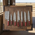 7 Piece Hand Forged Damascus Kitchen Knife Set, Full Tang Chef, Cleaver, Bread, Utility and Paring Knives, Red Wood Handles