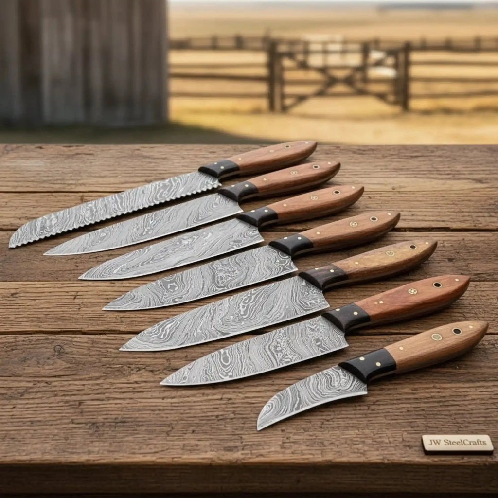 7 Piece Handmade Damascus Kitchen Knife Set, Professional Chef, Bread, Santoku, Utility and Paring Knives with Pakka Wood Handles Cooking Knife Set JW SteelCrafts