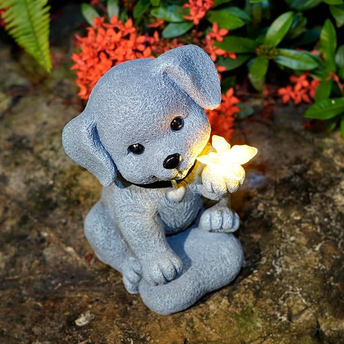 Solar Dog Statue Garden Decor with Butterfly Light – Waterproof Outdoor Yard Art for Patio, Lawn, Balcony for Mother’s Day, Father’s Day, Housewarming, Mom, Dad, Grandma, Men, Women