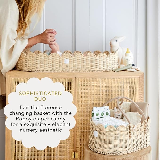 Bebe Bask Premium Baby Changing Basket - Artisan-Crafted Scalloped Rattan - Changing Basket for Baby Dresser - All Accessories Included - Complete Set for Nursery (Natural)
