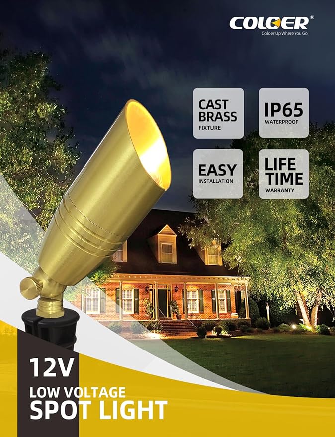 COLOER Die-cast Brass Landscape Spotlight 12-Pack with 5W Aluminum Housing LED MR16 Bulb,12V AC/DC Low Voltage Copper Outdoor Lighting, Directional Garden Patio Spot Up Light (102B Brass Finish)