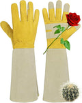 HANDLANDY Rose Pruning Gardening Gloves for Men Women, Thorn Proof Forearm Protection Leather Garden Gloves, Gardening Gifts for Gardeners (Yellow- goatskin, Large (Pack of 1))