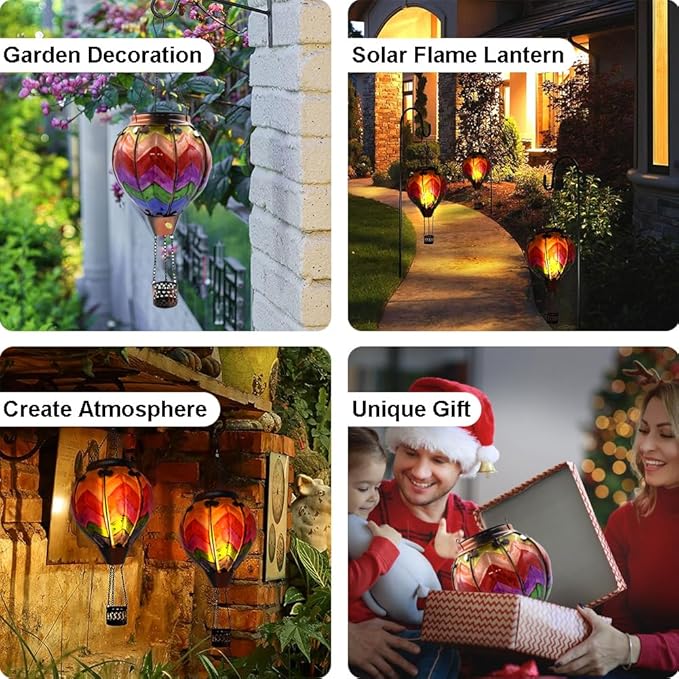 2PCS Solar Hot Air Balloon Lanterns with Flame with Shepherd's Hooks, Glass Hanging Flickering Lights Outdoor Waterproof for Garden Tree Yard Patio Mother's Day Gift, 18" H Wavy-Colorful