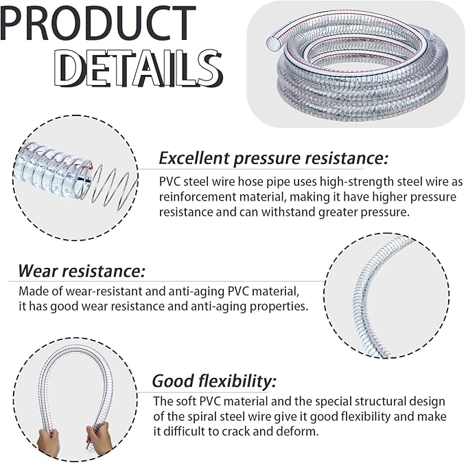 Frienda Heavy Duty Steel Wire Flexible Tubing with Fasteners PVC High Pressure Drain Hose Tube Pond Tubing Clear Wire Reinforced for Pond Bilge Pump Vacuum Suction Hose(6.6 Ft,1.5 Inch Id)