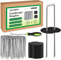 Landscape Staples Set,6 Inch 11 Gauge 20pcs Galvanized Garden Stakes + 20pcs Gaskets + 1Pick Hook,U-Shaped Tent Stakes Landscaping Fabric SOD Pins for Weed Fabric Barrier,Groud Cover,Fence