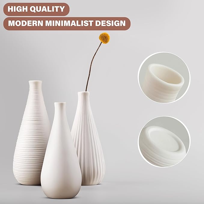 White Vases Home Decor Modern Ceramic Decorative Vases for Home Decor, Flower Vases & Centerpiece, Minimalist Design Set of 3