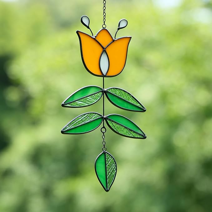 Tulip Stained Glass Suncatcher, Valentines Day Gifts, Folk Flower Stained Glass Window Hanging Sun Catcher, Retro Home Decor, Window Decorations for Plant Lovers, 9.4" x 4.7"