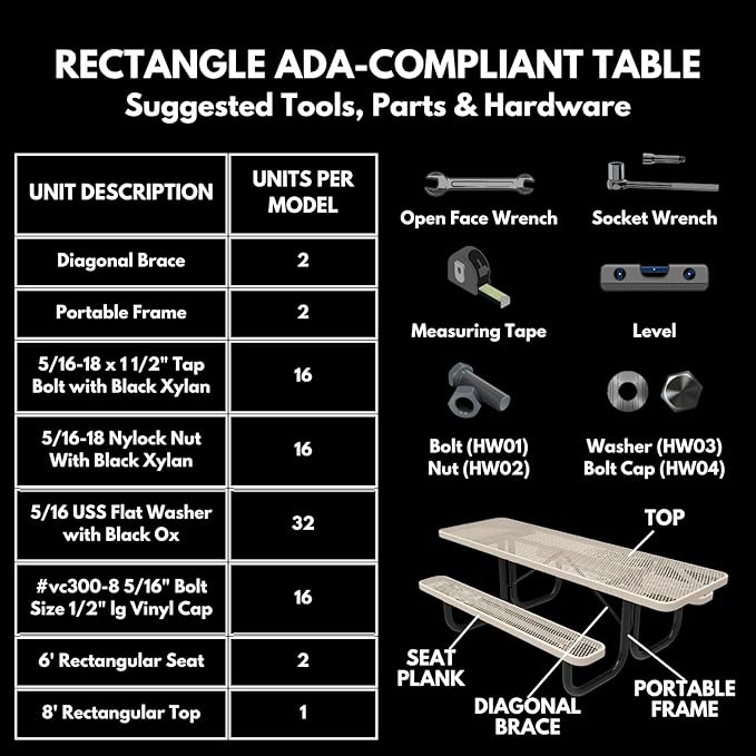 Coated Outdoor Furniture Heavy-Duty Portable ADA-Compliant Outdoor Picnic Table, Expanded Metal Patio Dining Furniture Made in America (8ft Rectangular, Both-Side Handicap, Black)
