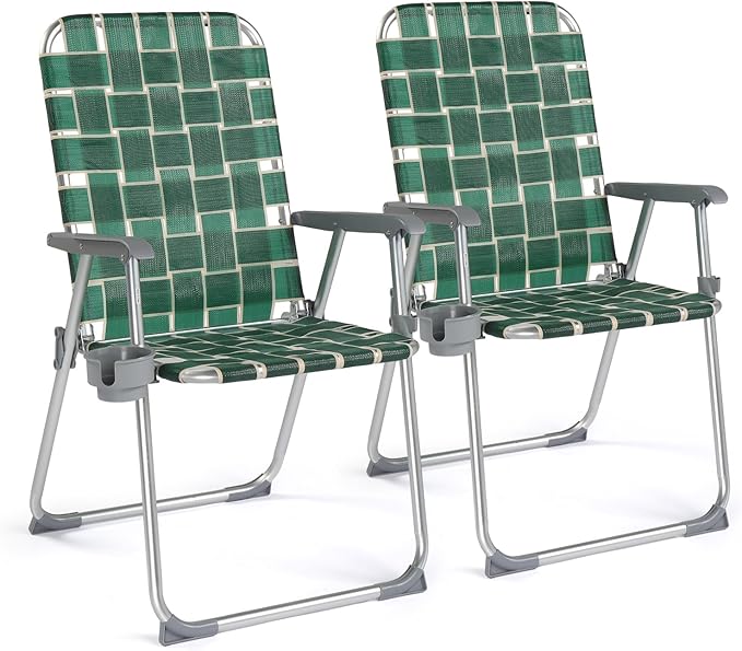 VINGLI Folding Aluminum Webbed Lawn Chairs with Detachable Cup Holder, High Beach Chair for Adults Heavy Duty, Portable Patio Chair, Camping Chair for Yard, Garden, 2 Pack