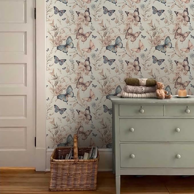 Wonderland Boho Butterfly Flowers Peel and Stick Wallpaper Self Adhesive Removable Easy Peel Off Stick on Wall Paper for Bedroom Cabinet Renter Friendly