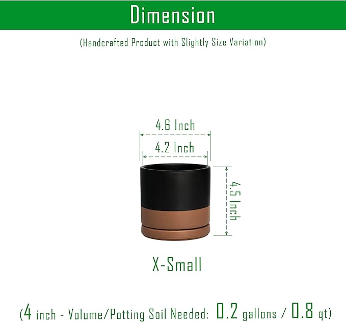 D'vine Dev Ceramic Planter Pot with Drainage Hole and Saucer, Indoor Cylinder Round Flower Pot, 4.6 Inch, Black/Speckled Tan, 94-O-B-7