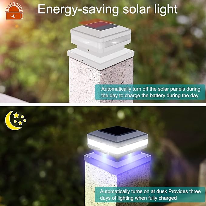 Sumaote Solar Post Lights, 52 LED 160LM 6x6 Solar Post Cap Light Outdoor IP65 Waterproof for 4x4, 6x6 Wooden Posts, Fence Deck 6000K White Lighting for Garden Patio Decor, 2 Pack