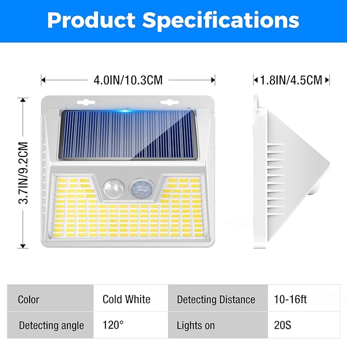 Peasur White Frame Solar Motion Sensor Lights Outdoor - 2 Packs, 180LED Warm Solar Wall Lights, Waterproof, 3 Modes Fence Security Lighting for Deck, Yard, Stairs, Garden