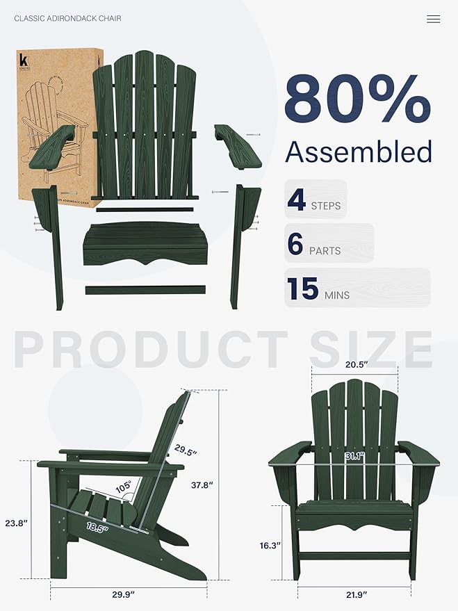 KINGYES HDPE Adirondack Chair Set of 8, Classic All-Weather Adirondack Chair, Green