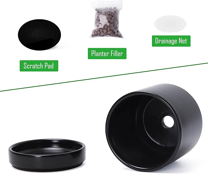 D'vine Dev 3.5 Inch & 4.7 Inch Ceramic Planter Pots for Plants with Drainage Hole and Saucer, X-Small Plant Pots Set, Black, 94-G-XS-2