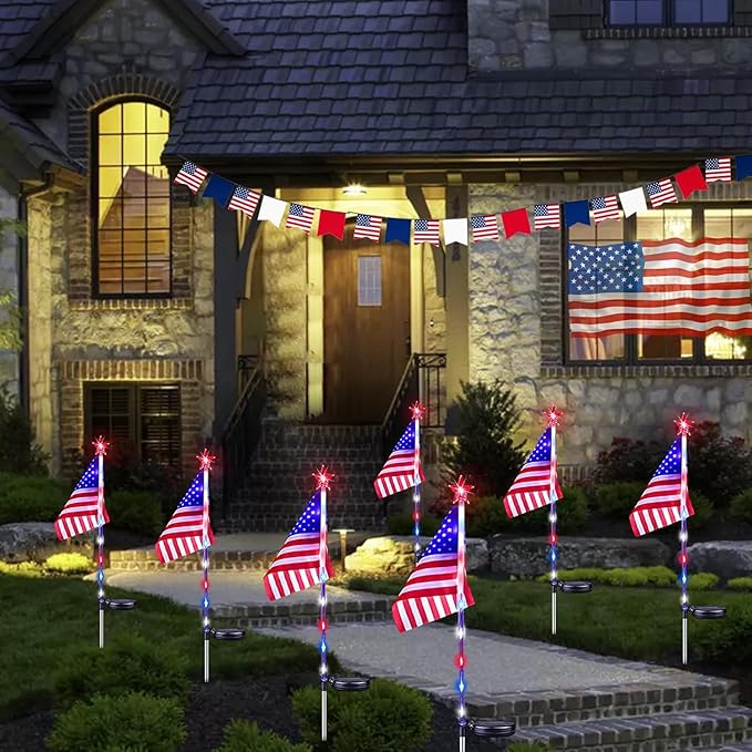 6 Pack 4th of July Decorations Outdoor Solar Lights, Red White and Blue Star Lights for National Day with American Flag, 2 Modes Waterproof Patriotic Light for Independence Memory Day Garden Yard Path