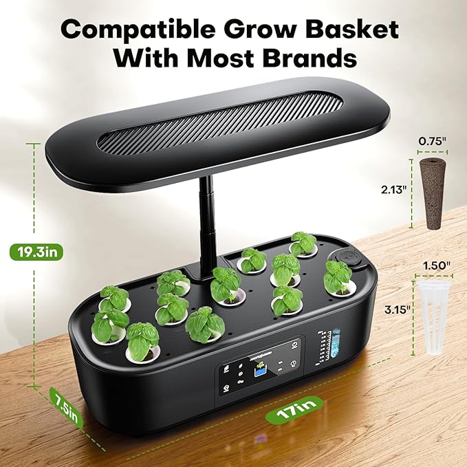 Ahopegarden Hydroponics Growing System Kit Indoor Herb Garden with Grow Light 12 Pods, with LCD Touch Panel Hydroponic Planter, Planting Height Up to 17", Grower Harvest Fresh Veggie Lettuce, Black