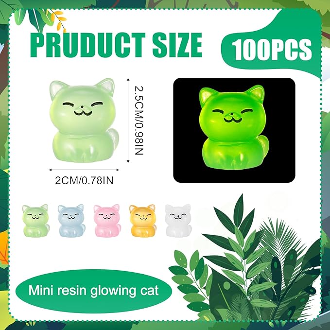 100 Pcs Luminous Mini Cat Figurines Resin Tiny Cat Animal Figurines Glow in The Dark Miniature Cat Statues Ornaments for DIY Cake Decoration Ornaments Crafts Moss Landscape Decoration