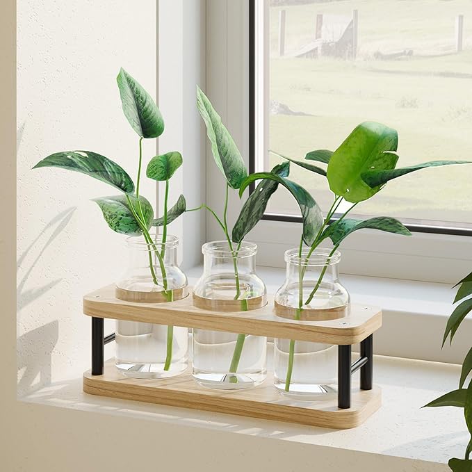 THYGIFTREE Plant Propagation Station with Wooden Stand, Propagation Vases Glass Planters for Indoor Plants Hydroponic Propagating Jars Home Office Decor, Plant Lover Gifts