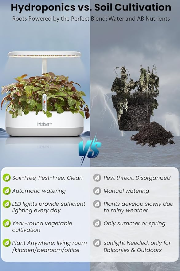 inBloom 12 Pods Hydroponics Growing System Indoor Garden with LED Grow Light and Pod Kit, Plants Germination Kit with 4.2L Water Pump Accelerate, Height Adjustable, Gardening Gifts for Women, White