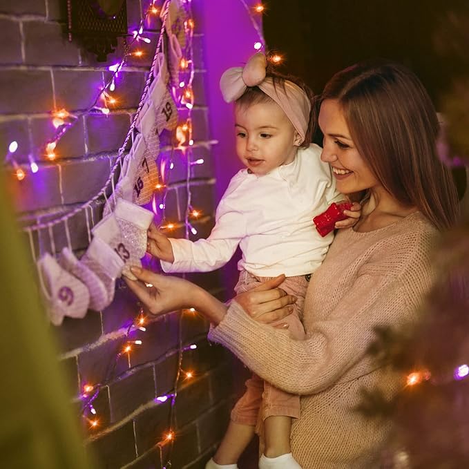 Ollny Halloween Outdoor String Lights - 60 FT 180 LED Orange and Purple Decorations, Waterproof Fairy Plug-in, 8 Modes and Timer for Party, Yard, Door, Christmas Decor