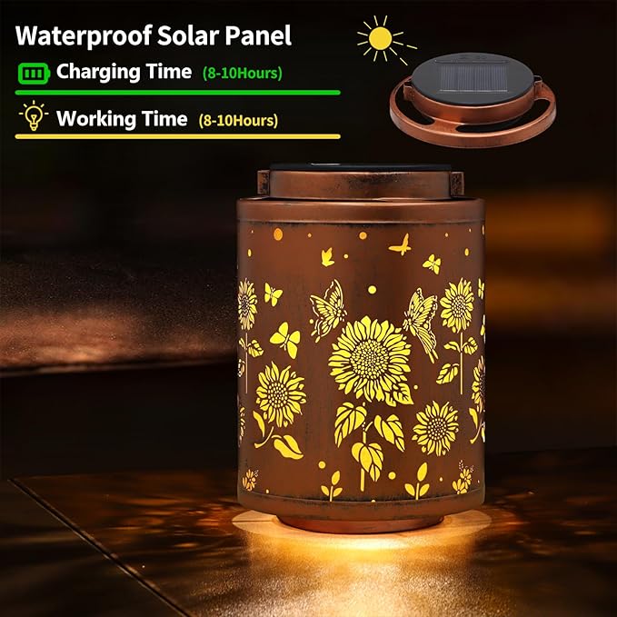 Solar Outdoor Hanging Waterproof Lantern Butterflies Garden Decor LED Light Solar Metal Lantern Gifts for Girl Women Solar Decoration for Patio Pathway Yard, Gold, T-DL-204