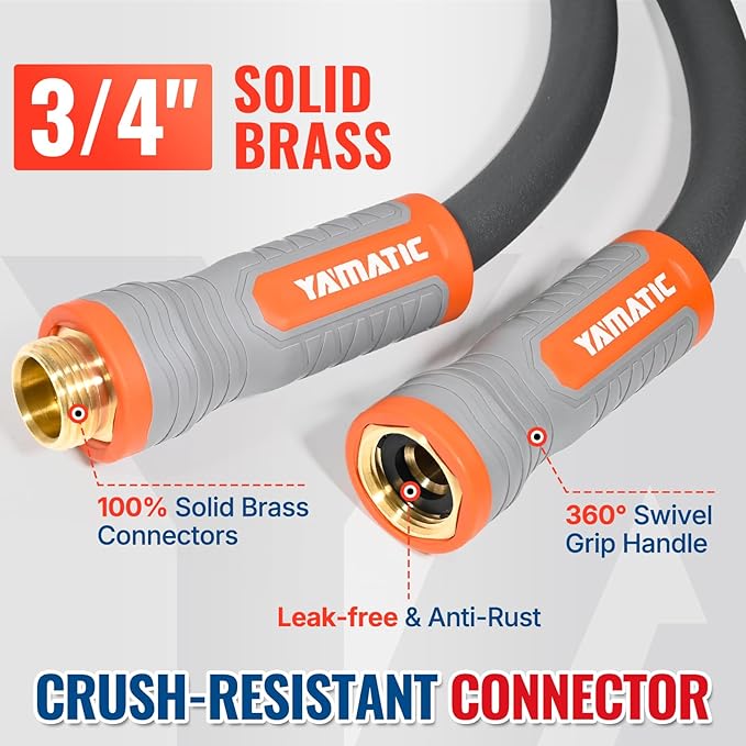 YAMATIC Heavy Duty Garden Hose 5/8 in x 60 ft with Swivel Handle, Super Flexible Water Hose, All-weather, Lightweight, Burst 600 PSI, Grey