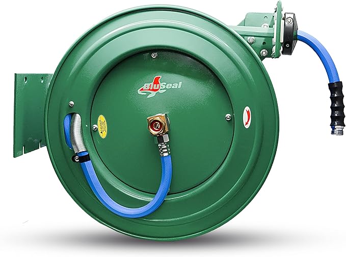 Auto Retractable Water Hose Reel with Hot & Cold Water Rubber Garden Hose, Spray Nozzle - Ultra Light, Super Strong with 6' Lead-in Hose (3/4” x 50’ Green)