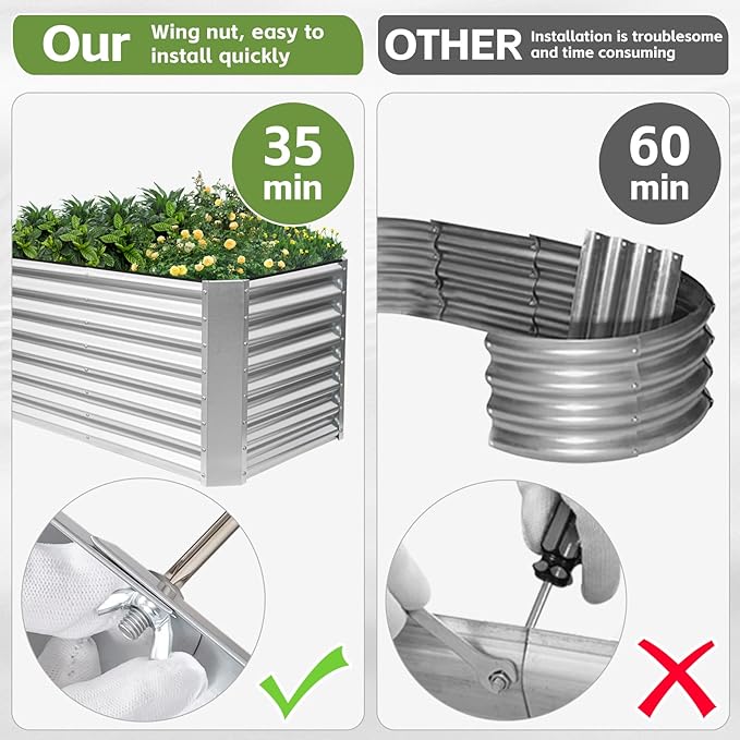 4x2x2ft Raised Garden Bed - Galvanized Deep Root Planter Boxes Outdoor with Wing Nuts and Safety Edges for Gardening Vegetables, Flowers, Herbs, Succulents - Silver