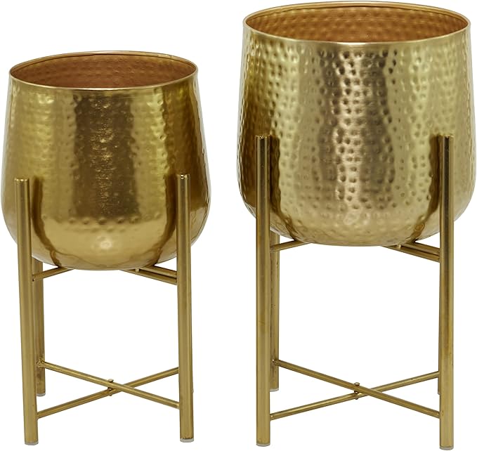 CosmoLiving by Cosmopolitan Metal Indoor Outdoor Planter Deep Recessed Hammered Dome Large Planter Pot with Removable Stand, Set of 2 Planters 17", 19"H, Gold