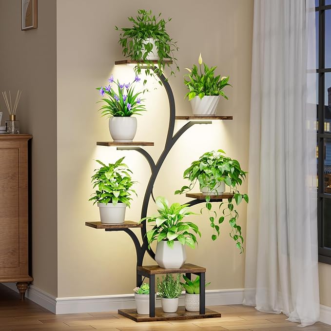 Plant Stand Indoor with Grow Lights, 7 Tiered Indoor Plant Shelf, 49" Corner Plant Stands for Indoor Plants, Metal Plant Flower Display Shelves, Tree-Shaped Plant Rack for Home, Patio, Black