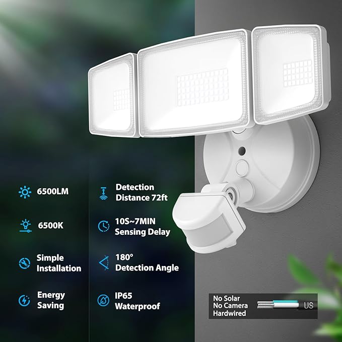 Onforu 65W LED Flood Light Motion Sensor Outdoor, 6500lm Security Light with Three Head, IP65 Waterproof Exterior Floodlight, 6500k Wall Light for Entryways Stairs Yard Garage