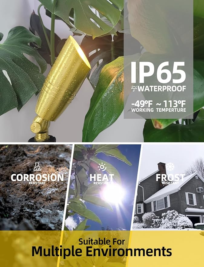 COLOER Die-cast Brass Landscape Spotlight 1-Pack Without Bulb,12V AC/DC Low Voltage Copper Outdoor Lighting with Ground Stake, Directional Garden Patio Spot Up Light (102B Brass Finish)