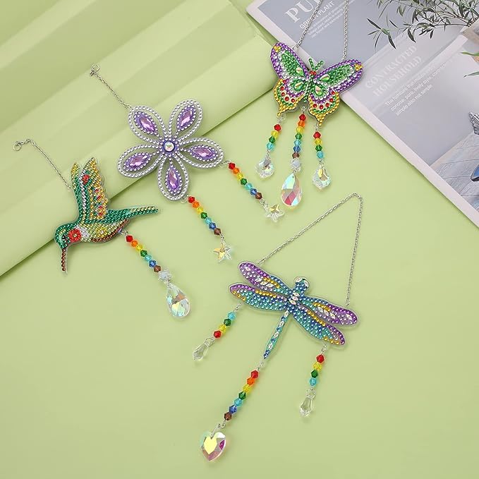 Bingcute Diamond Art Painting Suncatchers, 4 pcs Sun Catchers Diamond Art Painting Kits for Kids DIY Crafts for Adults Hummingbird Prism Crystal Suncatchers Wind Chime Windows Garden Decorations