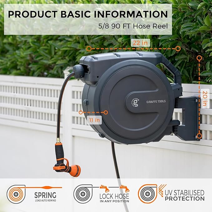 Giraffe Tools Retractable Hose Reel 5/8" x 90 ft Wall Mounted Garden Hose Reel Heavy Duty, Automatic Rewind, 180 Deg Swivel, Any Length Lock, 9 Pattern Nozzle, 90 ft, Dark Grey