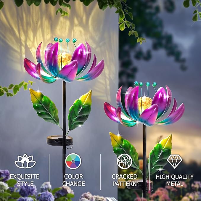Huaxu Solar Outdoor Lights 35.4In Garden Decor Flower Wind Spinners,Waterproof LED Crackle Glass Globe Purple Lotus Art Metal Stake for Lawn Patio Pathway Yard Porch Driveway Decorations Gift