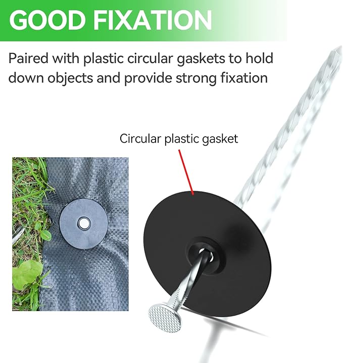 100 Pack Landscape Stakes with Gasket Caps - 6.3 Inch Heavy-Duty Galvanized Steel Garden Spikes are Used to Fixing Weed Barrier, Artificial Lawn, Patio Rug, Etc