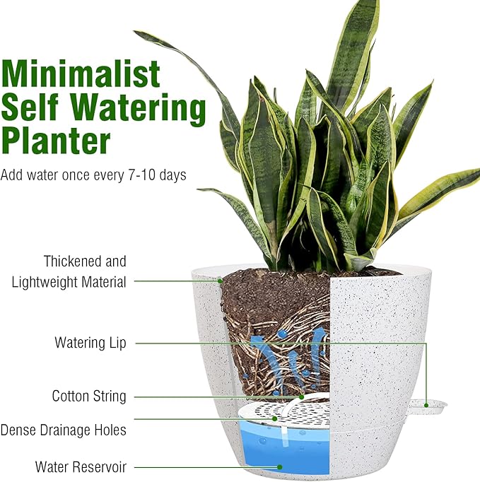 12/10/9 inch Large Self Watering Pots, Plant Pots with Mesh Drainage Holes for Indoor Outdoor Garden Plants, Flower Pots with Deep Reservoir, Set of 3 Plastic Planters, Specked White
