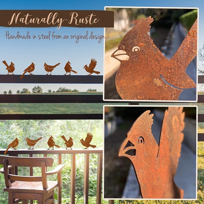 5PCS Rusty Birds Decoration, Fence Decorations Outdoor, Metal Birds Yard Decor Perfect Yard Art and Large Outdoor Ornaments, Cardinal Gifts