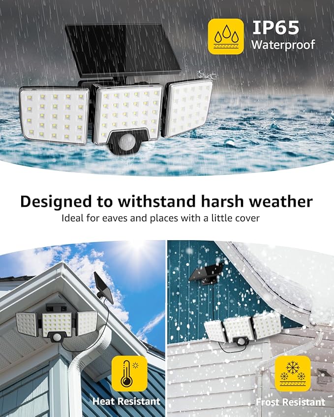 Lepro Solar Security Lights - Outdoor Motion Sensor, 2 in 1 Remote Control, IP65 Waterproof, 2 Light Modes, 3 Head Solar Floodlight for Garden, Yard, Garage