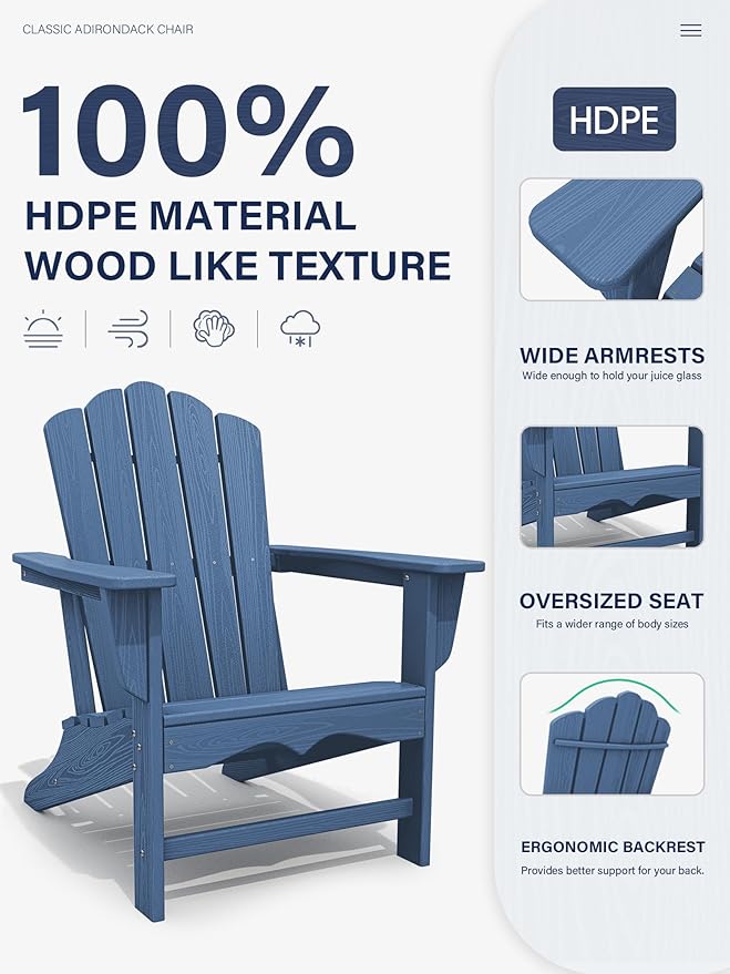 KINGYES HDPE Adirondack Chair, Classic All-Weather Adirondack Chairs Set of 2, Outdoor Patio Adirondack Chair for Deck Lawn fire Pit, Navy