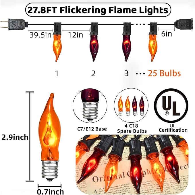 27.8 FT Halloween Decorations, C7 Clear Orange and Purple Halloween Lights, Flickering Flame String Lights Outdoor, E12 Screw Base, Flame String Lights for Halloween Garden Patio Party Decor, Black