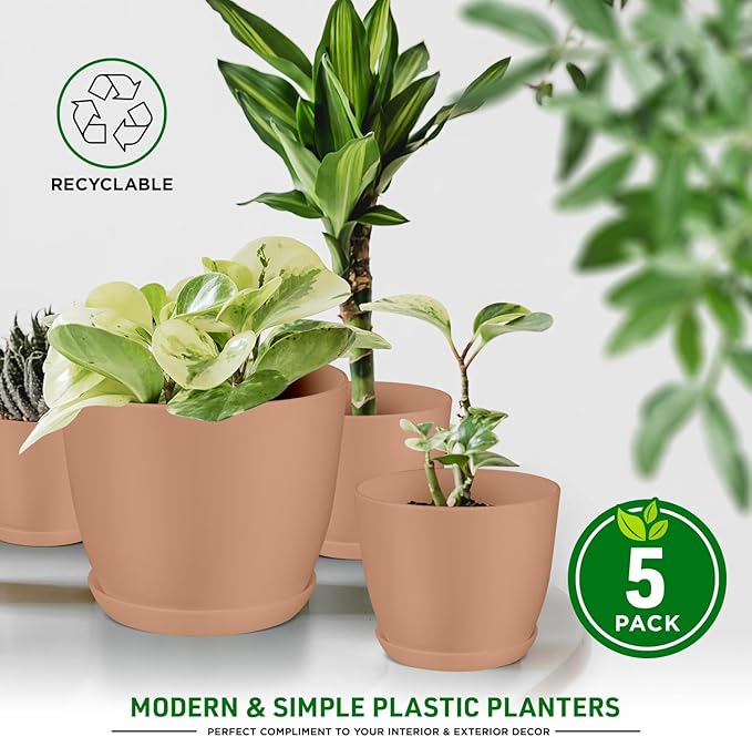 Planter Pots with Drainage Holes - Lightweight, Durable, and Space-Saving Pots for Indoor and Outdoor - Versatile Functionality, Simple Modern Design, Set of 5 Plastic Planter Pots - Pink