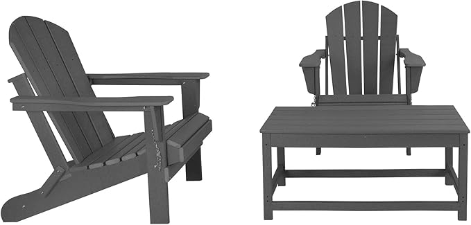 WO Home Furniture Adirondack Chairs Table Set of 3 PCS Outdoor Folding Chairs Coffee Table Weather/UV Resistant for Lawn, Garden, Bon Fire, Balcony (Gray)