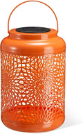 Glitzhome Solar Lantern Orange Metal Cutout Scrollwork Outdoor Hanging Solar Light with Handle for Garden Patio Yard Outdoor Decor