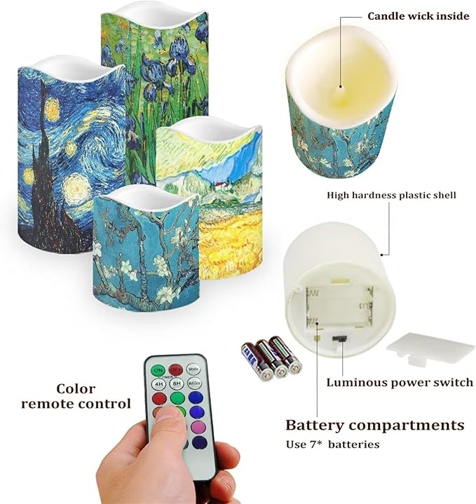 Ystardream Oil Painting Flameless Candles Plastic Moving Flickering LED Candles with Remote Color Changing & Timer,4 Packs