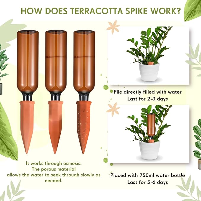 Baderke 16 Pcs 8 Set Plant Watering Devices, Terracotta Watering Spikes with 25 oz Plastic Wine Bottles, Slow Release Vacation Insert Automatic Plant Waterer Device for Indoor Outdoor