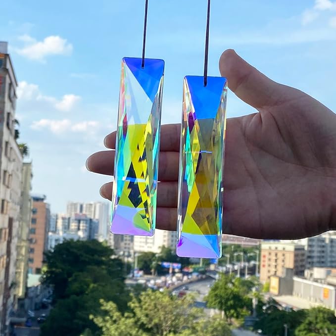 STINO 5" Large Hanging Prism Suncatcher for Window, Rectangle Crystal Stick Rainbow Maker Garden Pendant Sun Catcher Ornament (1, Net Rectangle ABColor 2Pcs)