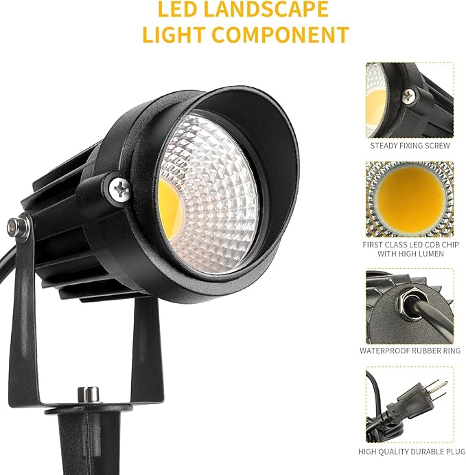 Outdoor Warm White Spot Lights, 3000K Landscape SpotLights, 12W IP65 Waterproof Garden Lights, Metal Case COB Lighting with Spiked Stand for Lawn Decorative Lamp (6 Pack)