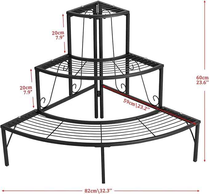 DOEWORKS 3 Tier Plant Stand Flower Pot Rack, Quarter Round Plant Corner Shelf Planters Display Holder orchid shelves for Indoor Outdoor Use, Black